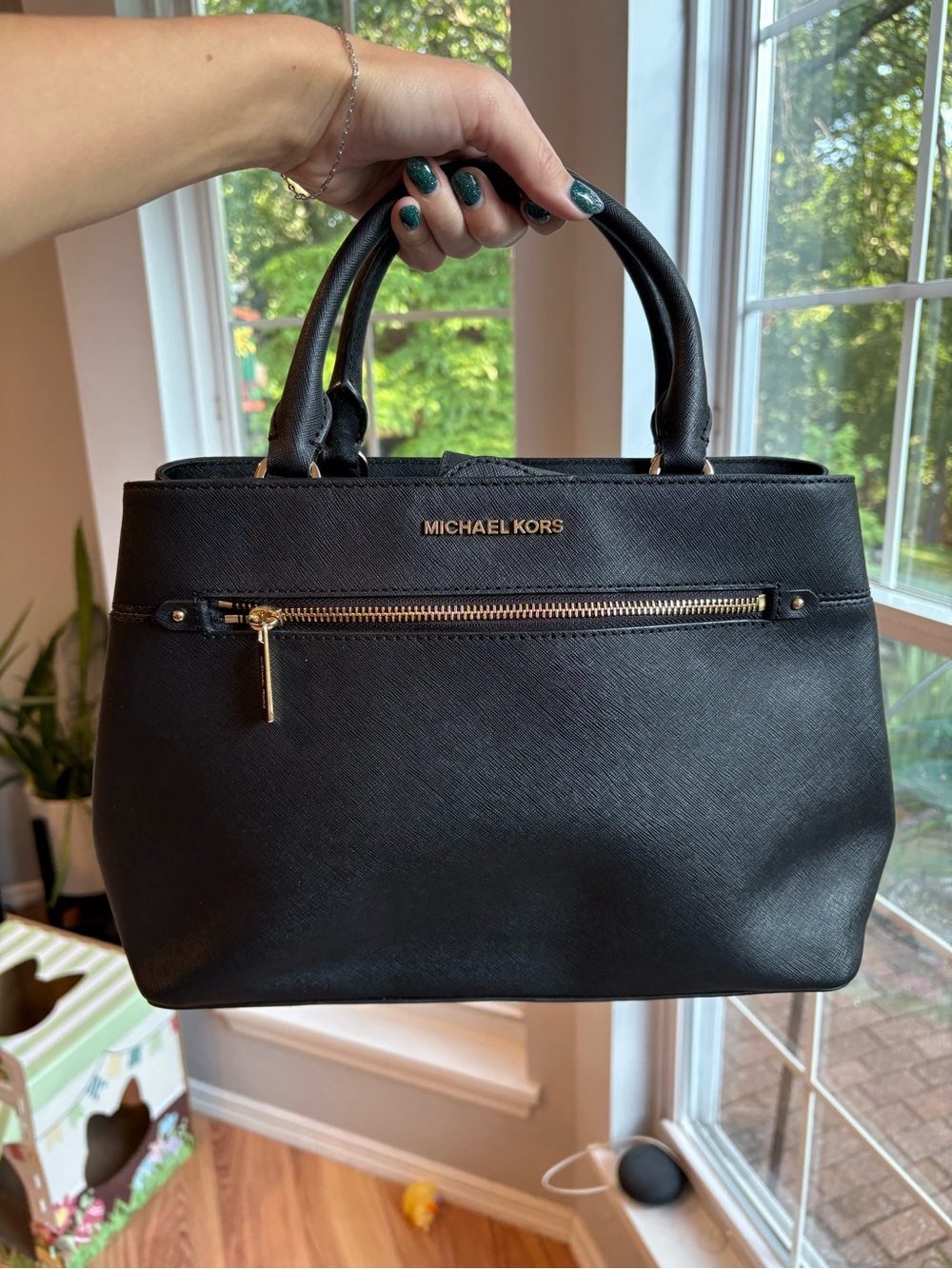 MICHAEL KORS Black Saffiano Leather Satchel with Gold Hardware